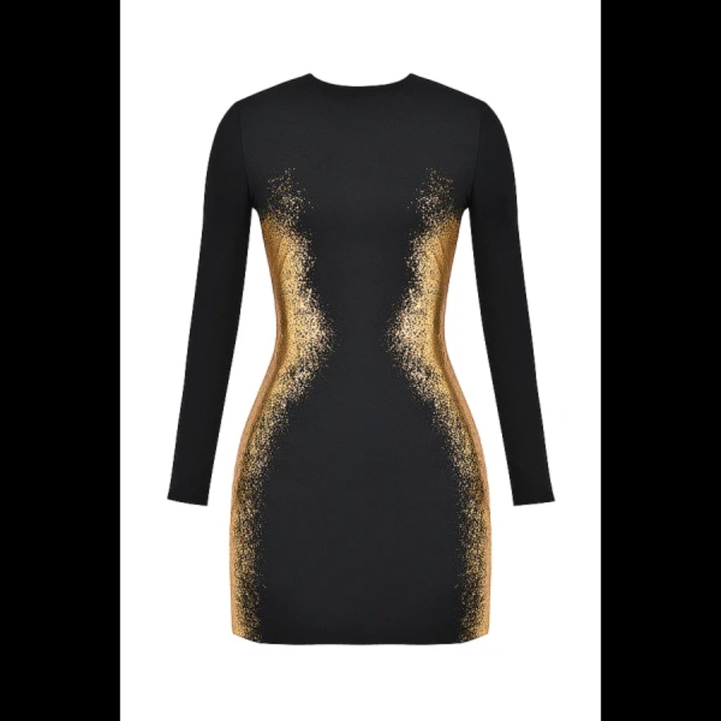 New House Of Cb 'Domenica' Black & Gold Foil Print Mini Dress Size M #2856